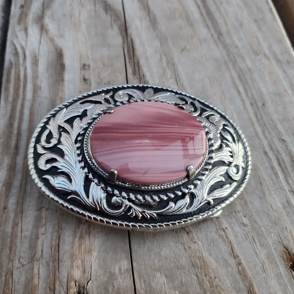 VINTAGE Rare Western Tooled Silver Belt Buckle with Pink Fiesta Agate GemStone